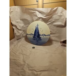 Delft Hand Painted Blue and White Sail Boat Trivet ROUND Vintage GERMANY
